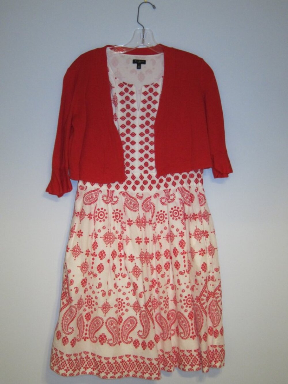 Sleeveless Cotton Ivory & Red Paisley Print Dress w/ Matching Red Shrug